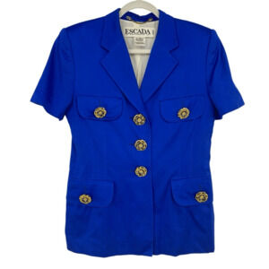 RARE Vintage 80s Escada Short Sleeve Blazer Golden Floral Buttons Preppy Blue